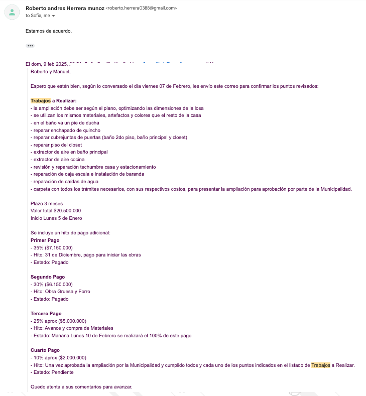 Correo de renegociación con RHM Construcciones